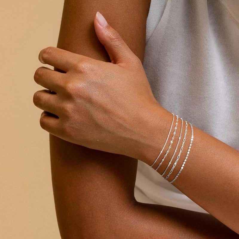 MBW Silver Plated Bracelets for Women, Dainty Silver Bracelets for Women Set Bracelet Stack Waterproof Jewelry for Women Trendy Minimalist Simple Small Thin Bracelet Set for Women Teen Gift - Image 2